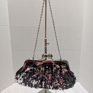 Black and Silver Sequin Clutch with Kiss-Lock Closure‎